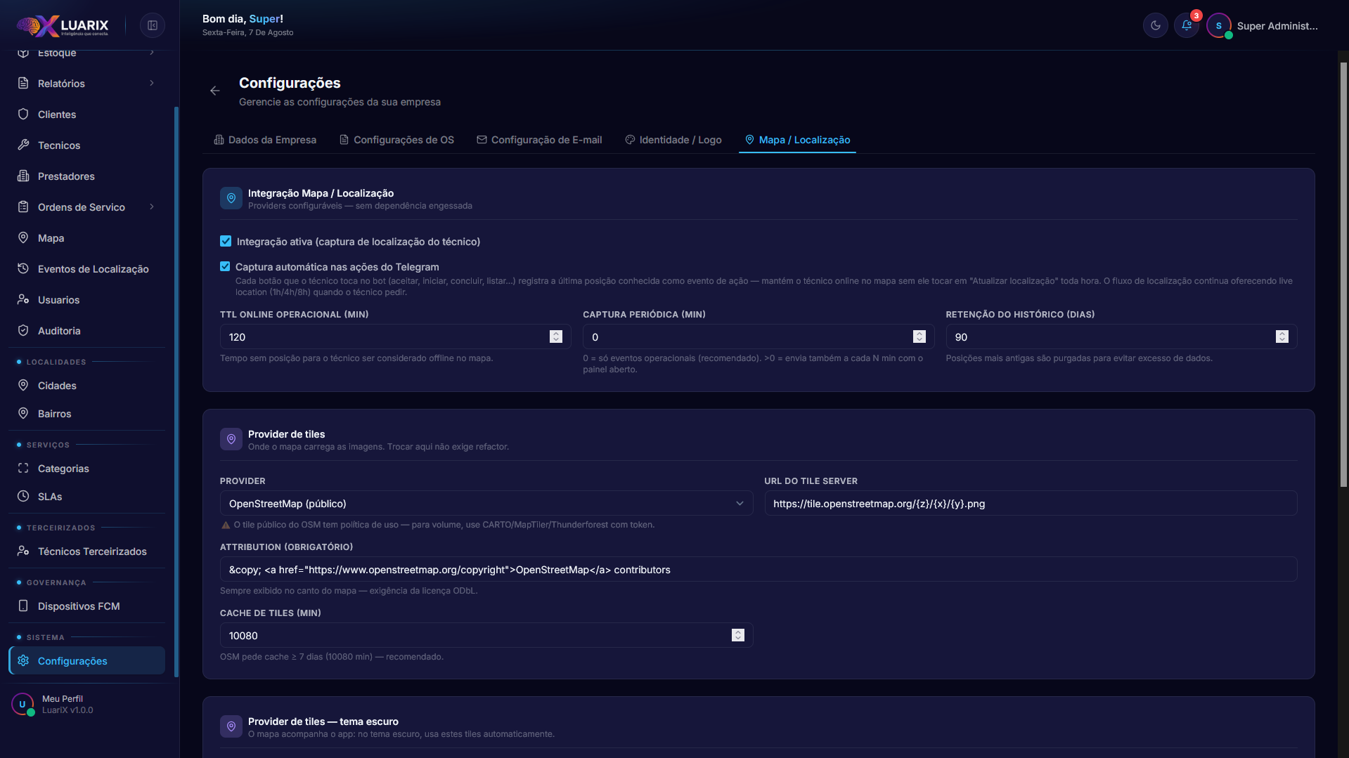 Aba Mapa / Localização em Configurações